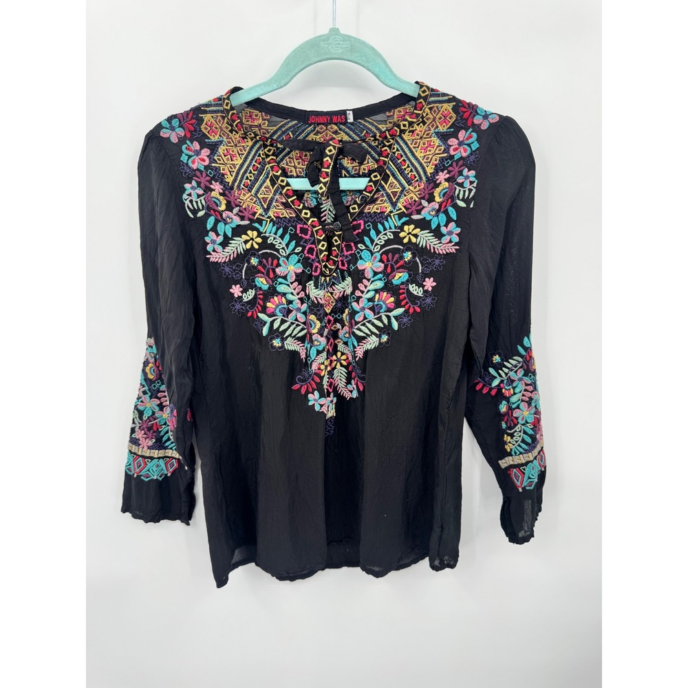 Johnny Was Blouse Women PS Black Embroidered Cupra Rayon Long Sleeve Boho